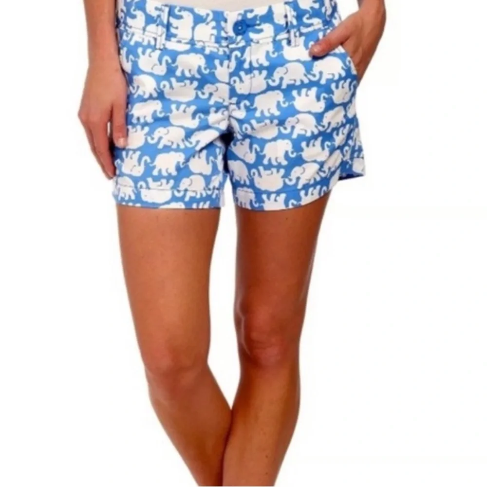 Lilly Pulitzer Blue and White Elephant Print Shorts in Blue Tusk to the Sun Sz 0 - Picture 2 of 7